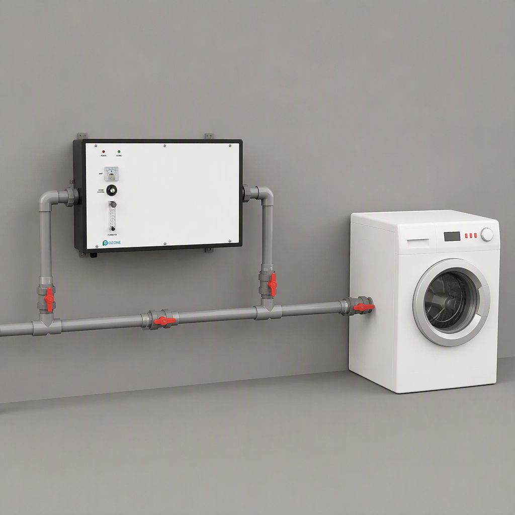 Ozone laundry generator connected to commercial washing machine for cold water disinfection