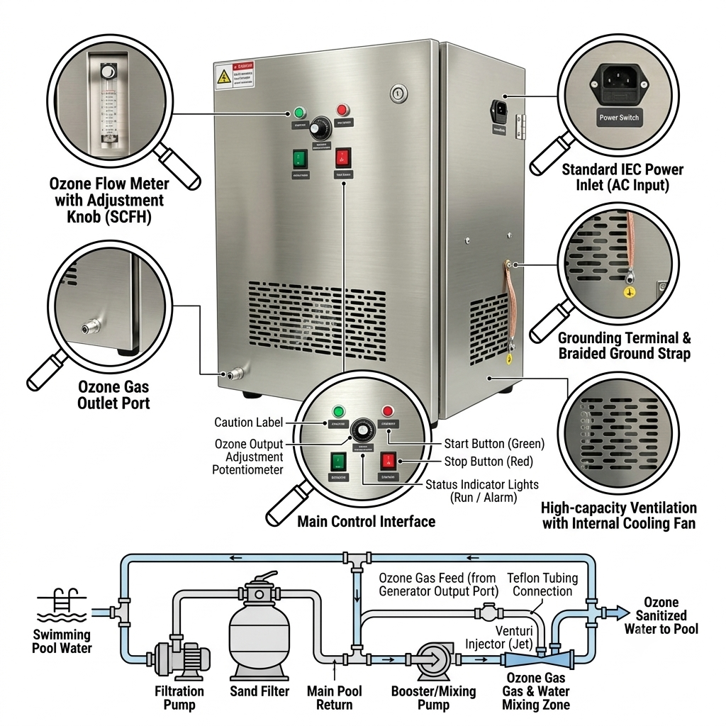 Ozone generator control panel with adjustable ozone output knob and oxygen flow meter.png